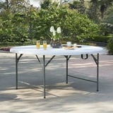 Photo 1 of 5ft/60-Inch Round Bi-Fold Plastic Folding Table with Carry Handle, White, Indoor/Outdoor Use, Lightweight Resin and Steel Frame