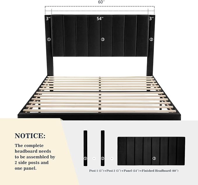 Photo 1 of Allewie Queen Platform Bed Frame/Velvet Upholstered Bed Frame with Vertical Channel Tufted Headboard/Strong Wooden Slats/Mattress Foundation/Box Spring Optional/Easy Assembly/Black
