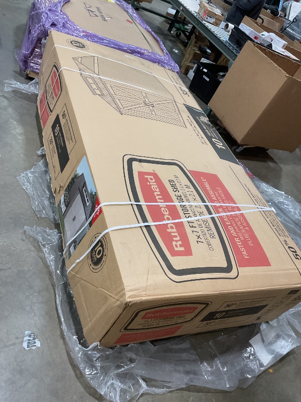 Photo 1 of **WILL NEED A TRUCK TO PICKUP**Rubbermaid Large Resin Outdoor Storage Shed With Floor (7 x 7 Ft.), Weather Resistant, Brown, Organization for Home/Lawn Mower/Backyard Equipment/Bike Storage/Pool Supplies