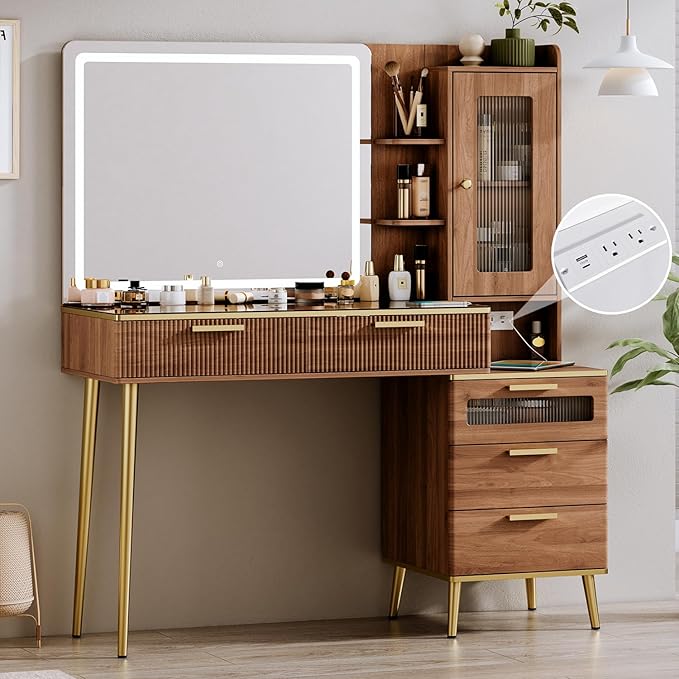 Photo 1 of 47.24" Big Modern Vanity Desk with Mirror and Lights,Makeup Vanity Desk with 5 Drawers and Storage Shelves & Power Outlet,Dressing Table with Glass Top, Brown