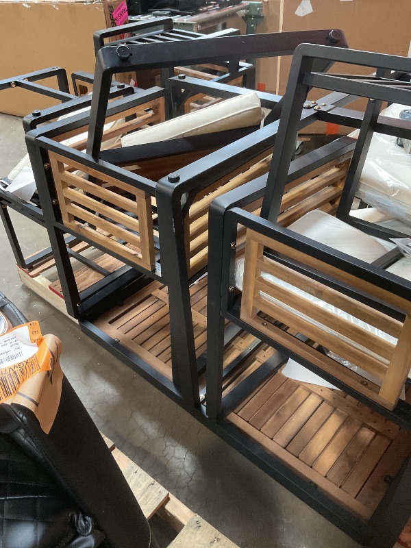 Photo 1 of **SCRATCHES AND DIRT FROM TRANSPORT**Merax 9 Pieces Outdoor Dining Set for 8 People, Acacia Wood Patio Furniture Sets with 1 Square Table, 4 Cushioned Chairs and 4 Ottomans for Backyard, Garden, Lawn, Poolside, Space Saving Design, Beige