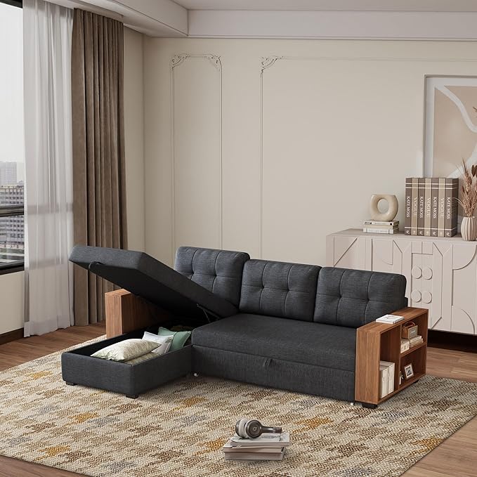 Photo 1 of **ONLY BOXES 2 of 2**Ball & Cast 84" Sectional Sleeper Sofa with Storage Chaise,L Shaped Pull Out Couch Bed with Wooden Armrests and 3 Removable Back Cushion for Living Room,Apartment,Office,Dark Grey
