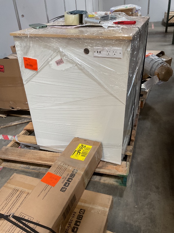 Photo 1 of **BOTTOM NEEDS TO BE FIXED**DWVO Kitchen Island with Power Outlet, 40 inch Rolling Island Table with Trash Can Cabinet, Square Mobile Storage Islands with Tilt Out Garbage Bin Cabinet fits Double 10-Gallon, White Oak