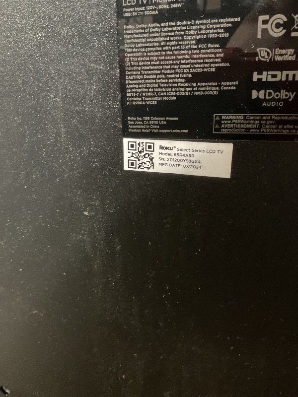 Photo 1 of **SELLING FOR PARTS**Roku Smart TV – 65-Inch Select Series 4K HDR RokuTV with Roku Enhanced Voice Remote, Brilliant 4K Picture, Automatic Brightness, & Seamless Streaming – Live Local News, Sports, Family Entertainment