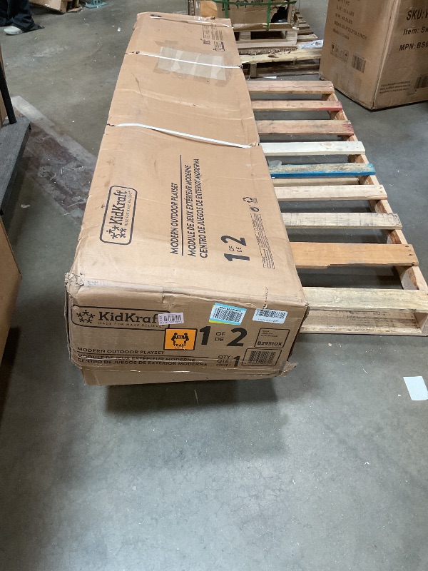 Photo 1 of **SELLING FOR PARTS. ONE BOX OF TWO**KidKraft Modern Outdoor Wooden Swing Set/Playset with Fireman's Pole and Reversible Bench