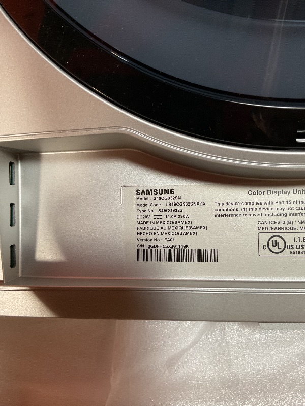 Photo 1 of *****PARTS ONLY DOES NOT TURN ON*****Samsung 49" Odyssey OLED (G93SC) Series Curved Gaming Monitor w QD-OLED, 240Hz, 0.03ms, DQHD, G-Sync Compatible, AMD FreeSync Premium Pro,Height Adjustable Stand,3 Yr Warranty,LS49CG932SNXZA