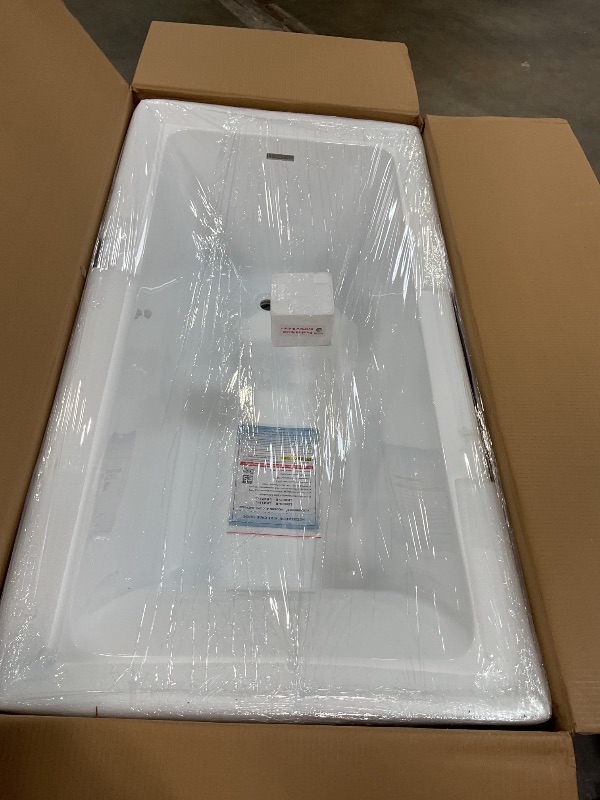 Photo 1 of *CHIPPD EDGE* WOODBRIDGE 60" Acrylic Rectangular Alcove Soaking Bathtub in White with Left Drain, Brushed Gold pop-up Drain Included, LB428-L