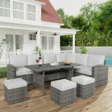 Photo 1 of **3 boxes**Garvee 7-Piece Outdoor Patio Furniture Set, PE Wicker Rattan Sectional Sofa with Thickened Cushions & Dining Table, Modular Conversation Set for Patio, Backyard, Porch, Balcony & Poolside, Grey