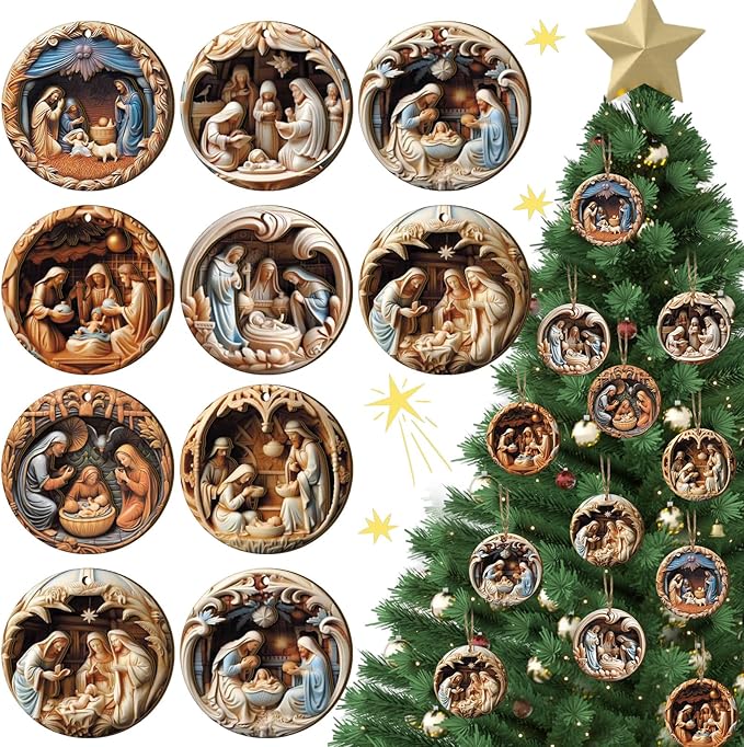 Photo 1 of BBTO 16 Pcs Nativity Scene Ornaments Religious Christmas Wooden Hanging 3D Nativity Ornament The Birth of Jesus Christian Christmas Decorations for Tree Xmas(Nativity)