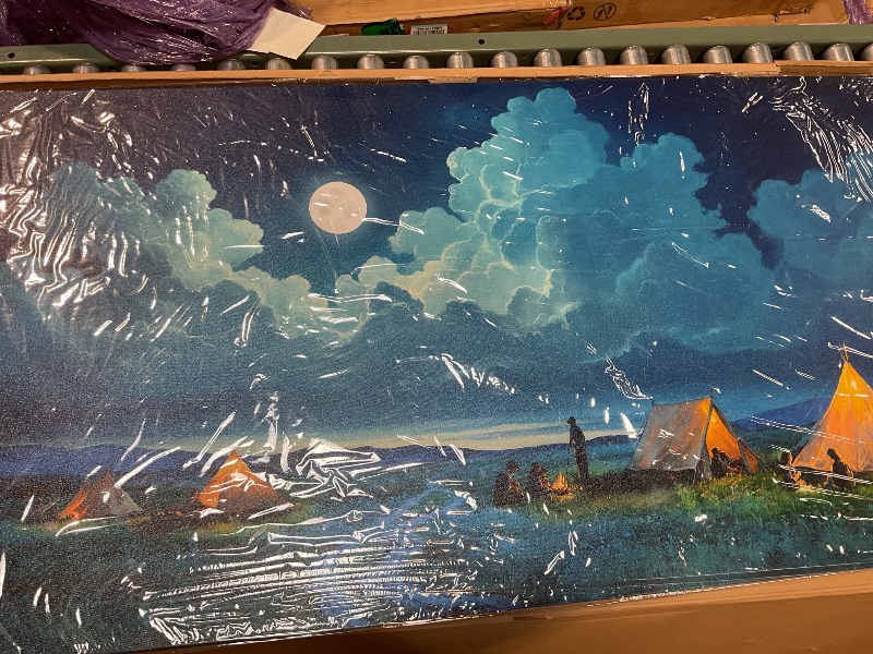 Photo 1 of 58W”X29.25H” Camping At Night Painting, Wilderness Outdoorsy Painting, Starry Sky- FireFly Painting, Camping under the Stars, Camping Print, Campfire Painting, Kitchen Decor, Wall