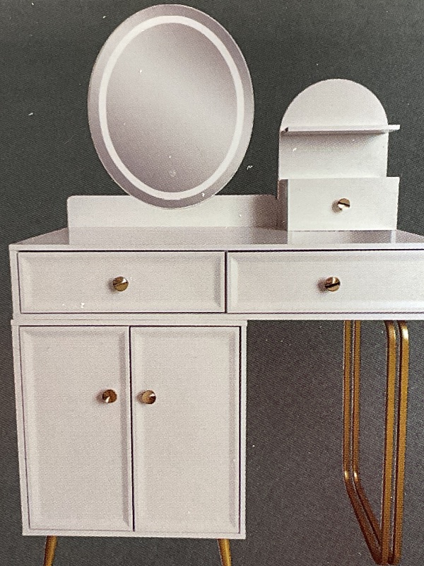 Photo 1 of Karl home Vanity Desk with Mirror and Lights Makeup Vanity Table Set with Charging Station White Desk with Storage Cabinet, 2 Drawers, Removable LED Mirror