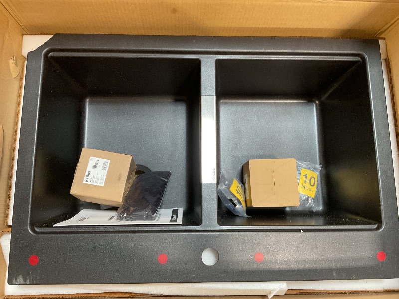Photo 1 of KRAUS Quarza 33-inch Drop-In/Undermount 50/50 Double Bowl Granite Kitchen Sink in Black Onyx, KGD-433B