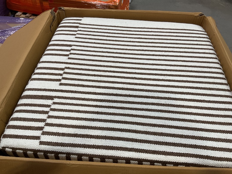 Photo 1 of Creative Co-Op Wood and Wool Kilim Upholstered Coffee Ottoman Table, Striped Cream & Brown