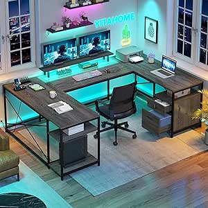 Photo 1 of *MISSING HARDWARE*YITAHOME U Shaped Desk with Power Outlets & LED Lights, 79" Reversible L Shaped Desk with Drawers, Corner Computer Desk Office Desk with Monitor Stand & Storage Shelves, Grey
