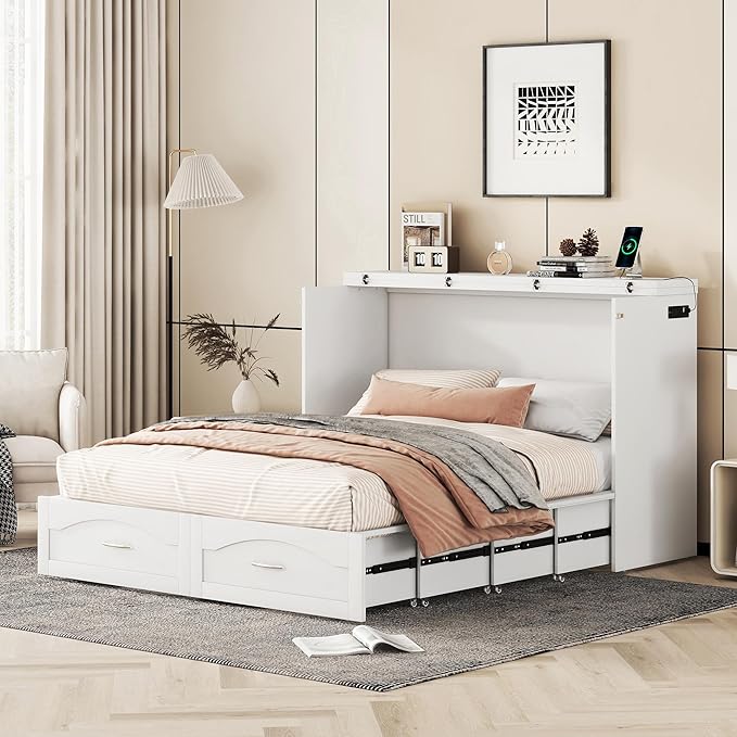 Photo 1 of *MISSING BOX 3 of 3*Murphy Bed with a Set of Sockets and USB Ports, Pulley Structure Design Wall Bed with Drawer for Bedroom,No Boxspring Needed (White, Queen (U.S. Standard))