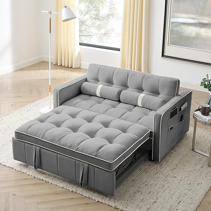 Photo 1 of 3 in 1 Sleeper Sofa Couch Bed, Small Tufted Velvet Convertible Loveseat Futon Sofa w/Pullout Bed, Adjustable Backrest, Cylinder Pillows for Living Room Apartment, Easy to Assemble, Grey, 55.5