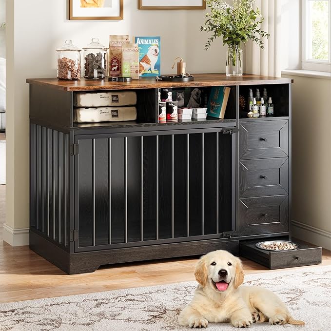 Photo 1 of 48 Inch Dog Crate Furniture, Farmhouse Dog Kennel with Bowl & Storage Drawers, Heavy Duty Pet Crate Table for Medium Small Dogs for Living Room, Entryway, Black