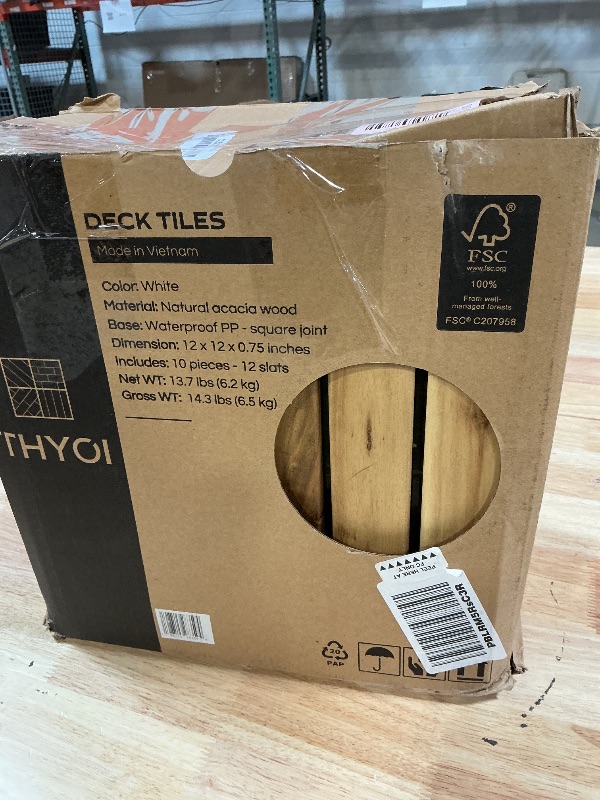 Photo 1 of ***MISSING SOME PIECES*** THYOI Premium Deck Tiles, Patio Flooring - Outdoor Waterproof Acacia Wood Tiles for All Weather Use - Balcony, Backyard, Indoor & Outdoor (Square Ft) (10, White, 6S)