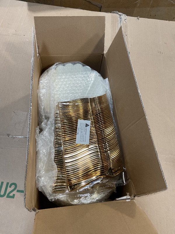 Photo 1 of *** COLOR WHITE*** LIYH 200 Pcs Ivory Plastic Plates and Gold Forks- Scalloped Dessert Plate 7.5" Disposable Fancy Plastic Plate,Baby Shower Cake Plates Mothers Party Tableware Dishes