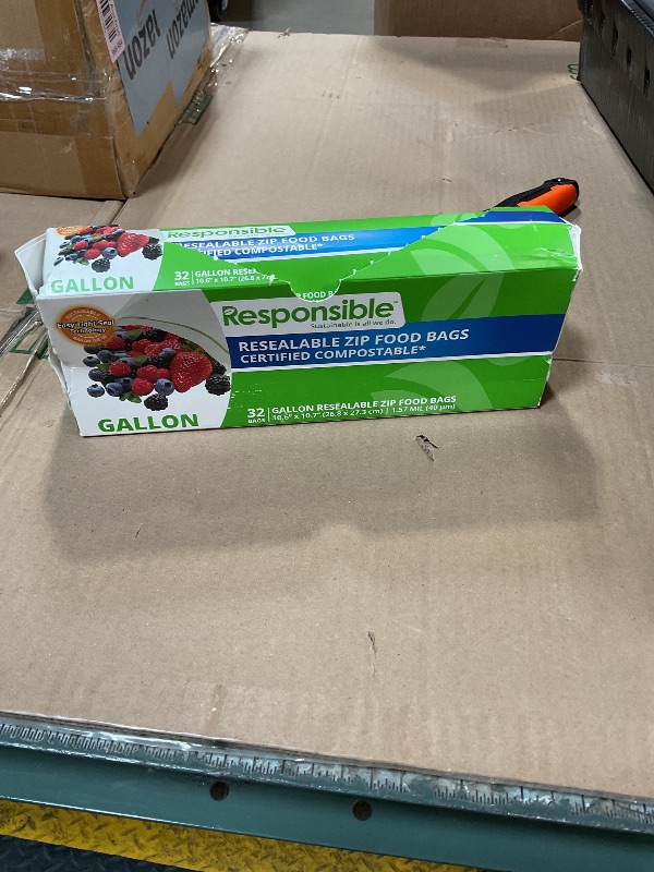Photo 1 of ***PARTIAL SET/ PRE-OPENED**** Responsible Products Certified Compostable Large GALLON Resealable Zip Bag, Extra Strength Food Bags, Made from Plant Materials (32 Pack)