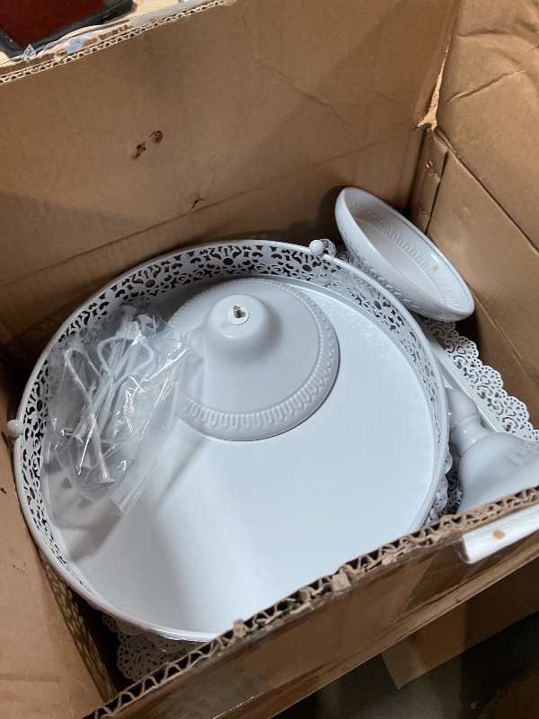 Photo 1 of ***SLIGHT DAMAGE***Fivenl 8 Pcs Cake Stand White Metal Dessert Table Display Set, 3-Tier Cupcake Stand, Cake Display Tower and Cookie Tray Rack Serving Tray for Birthday Party, Weddings, Baby Shower (White)