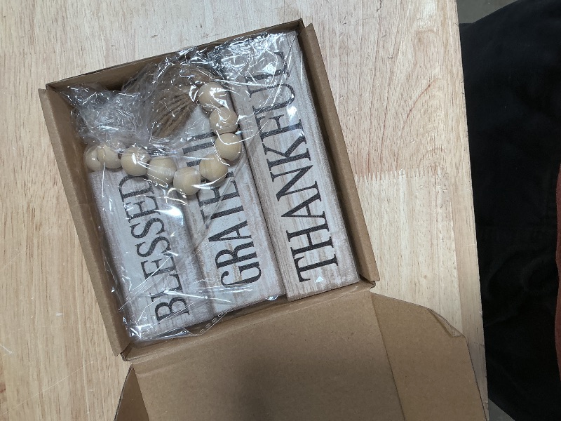 Photo 1 of 4 Pcs Farmhouse Wooden Tabletop Decor Neutral Farmhouse Tiered Tray Decor Rustic Retro Wood Bead Garland Blessed Grateful Thankful Block Sign Centerpiece for Coffee Home Office Shelf Mantle Table