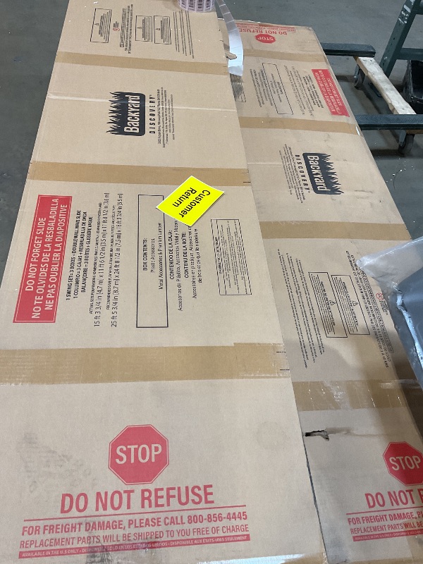 Photo 1 of **4 PACKAGES TOTAL. SCRAPES ON SLIDE. BLACK FRAMING, WOOD DAMAGE **Backyard Discovery Whispering Point Light Gray Cedar Wood Swing Set with Wave Slide, Clubhouse, Crows Nest, Play Kitchen, Belt Swings, Web Swing, Rock Wall, Playhouse, Ladder, Windows, Out