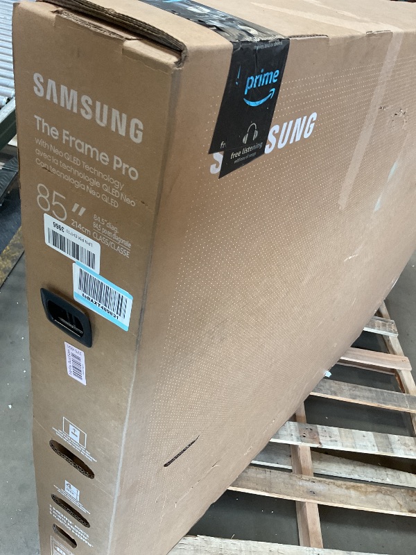 Photo 1 of ** MAJOR DAMAGE TO SCREEN. SELLING FOR PARTS.**Samsung 85" The Frame Pro LS03FW 4K Neo QLED TV (2025) Bundle with Modern Teak Bezel, CPS 26 Month Protection, Slim Flat Mount, 2X HDMI Cables & Deco Gear Complete Home Theater Beginner's Guidebook