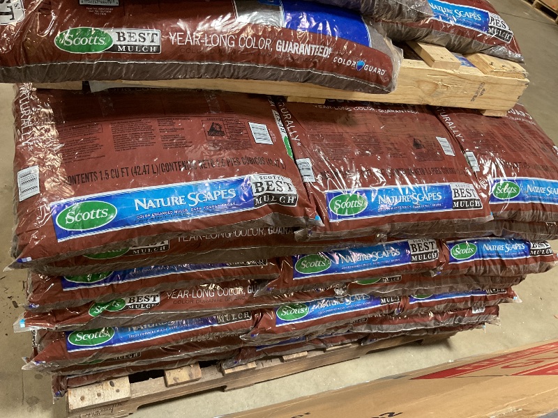 Photo 1 of ** WILL NEED A TRUCK FOR PICK UP. MINOR DAMAGE TO SOME BAGS LEAKING.**39 bags of Scotts Nature Scapes Deep Forest Brown Weed Preventer Color Enhanced Mulch 1.5 cu ft