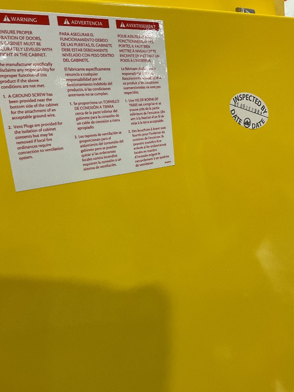 Photo 1 of **DENTS/SCRATCHES/SCRAPES FROM TRANSPORT**Justrite 45 Gallon Manual Close Flammable Storage Cabinet, 18 Gauge Steel, 2 Shelves, 2 Door Fire Cabinet, 65" x 43" x 18", Made in The USA, Yellow, 894500
