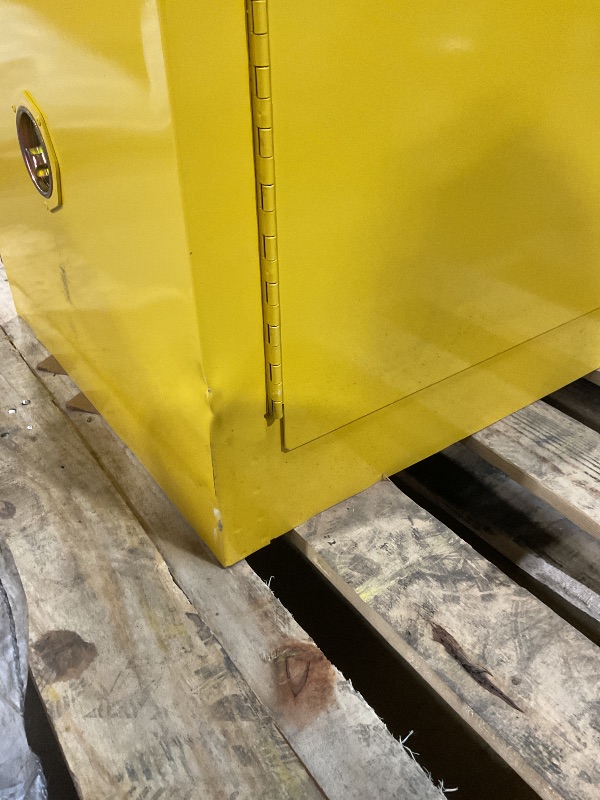 Photo 1 of **DENTS/SCRATCHES/SCRAPES FROM TRANSPORT**Justrite 45 Gallon Manual Close Flammable Storage Cabinet, 18 Gauge Steel, 2 Shelves, 2 Door Fire Cabinet, 65" x 43" x 18", Made in The USA, Yellow, 894500