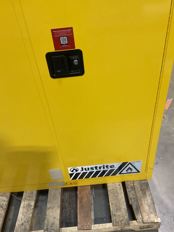 Photo 1 of **DENTS/SCRATCHES/SCRAPES FROM TRANSPORT**Justrite 45 Gallon Manual Close Flammable Storage Cabinet, 18 Gauge Steel, 2 Shelves, 2 Door Fire Cabinet, 65" x 43" x 18", Made in The USA, Yellow, 894500