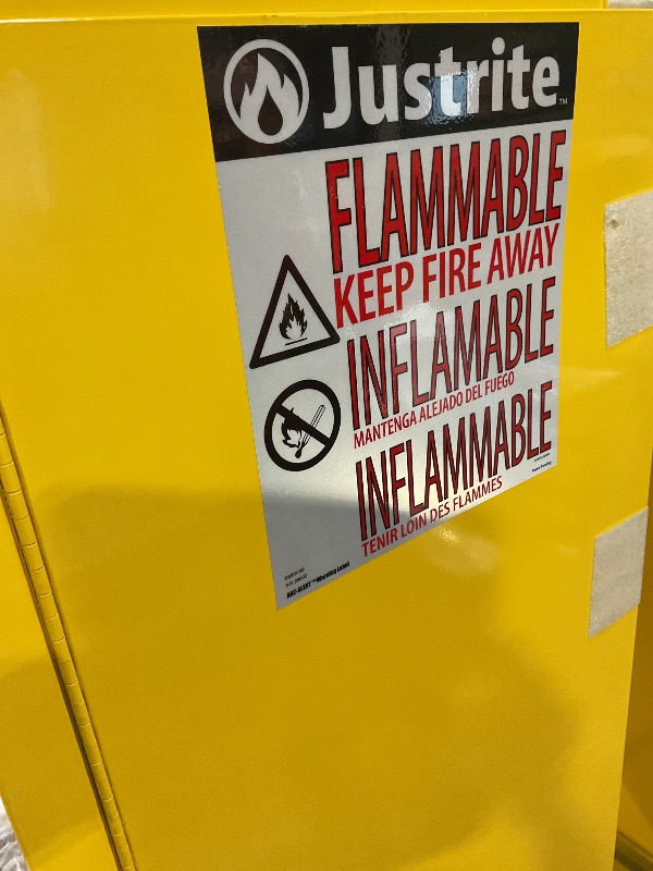 Photo 1 of **DENTS/SCRATCHES/SCRAPES FROM TRANSPORT**Justrite 45 Gallon Manual Close Flammable Storage Cabinet, 18 Gauge Steel, 2 Shelves, 2 Door Fire Cabinet, 65" x 43" x 18", Made in The USA, Yellow, 894500
