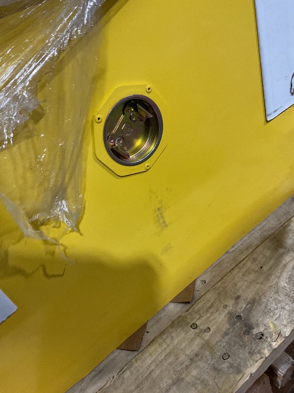 Photo 1 of **DENTS/SCRATCHES/SCRAPES FROM TRANSPORT**Justrite 45 Gallon Manual Close Flammable Storage Cabinet, 18 Gauge Steel, 2 Shelves, 2 Door Fire Cabinet, 65" x 43" x 18", Made in The USA, Yellow, 894500