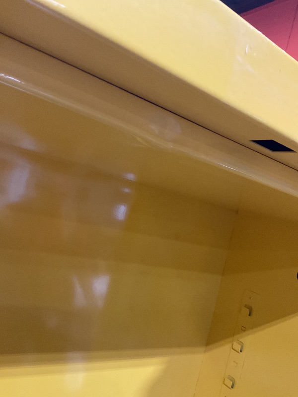 Photo 1 of **DENTS/SCRATCHES/SCRAPES FROM TRANSPORT**Justrite 45 Gallon Manual Close Flammable Storage Cabinet, 18 Gauge Steel, 2 Shelves, 2 Door Fire Cabinet, 65" x 43" x 18", Made in The USA, Yellow, 894500