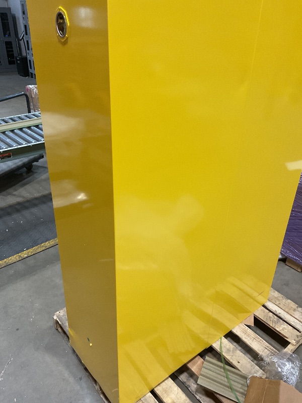 Photo 1 of **DENTS/SCRATCHES/SCRAPES FROM TRANSPORT**Justrite 45 Gallon Manual Close Flammable Storage Cabinet, 18 Gauge Steel, 2 Shelves, 2 Door Fire Cabinet, 65" x 43" x 18", Made in The USA, Yellow, 894500