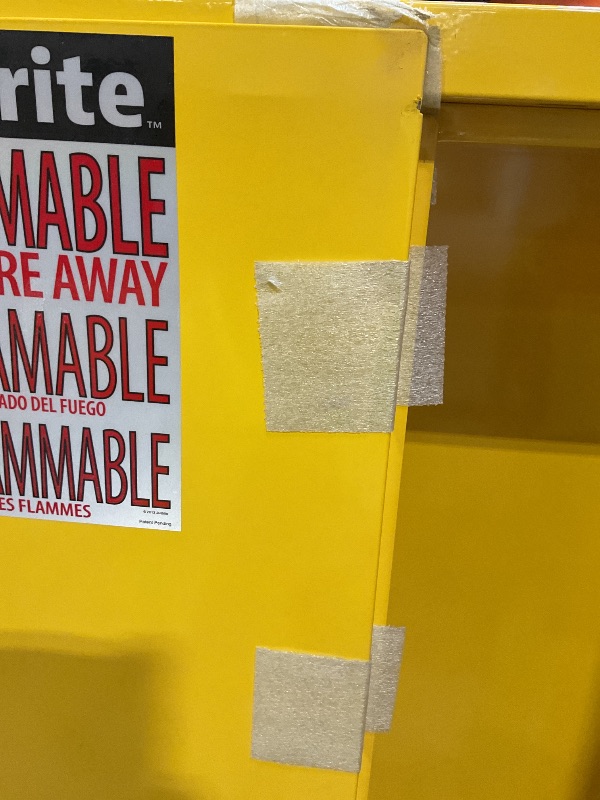 Photo 1 of **DENTS/SCRATCHES/SCRAPES FROM TRANSPORT**Justrite 45 Gallon Manual Close Flammable Storage Cabinet, 18 Gauge Steel, 2 Shelves, 2 Door Fire Cabinet, 65" x 43" x 18", Made in The USA, Yellow, 894500
