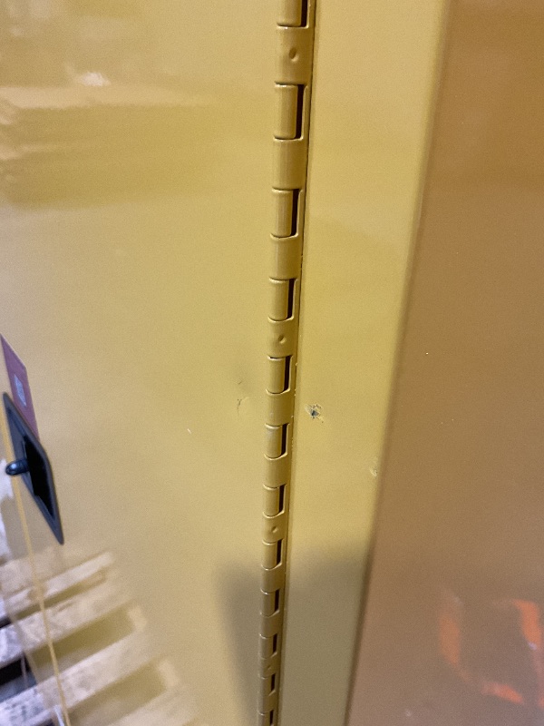 Photo 1 of **DENTS/SCRATCHES/SCRAPES FROM TRANSPORT**Justrite 45 Gallon Manual Close Flammable Storage Cabinet, 18 Gauge Steel, 2 Shelves, 2 Door Fire Cabinet, 65" x 43" x 18", Made in The USA, Yellow, 894500