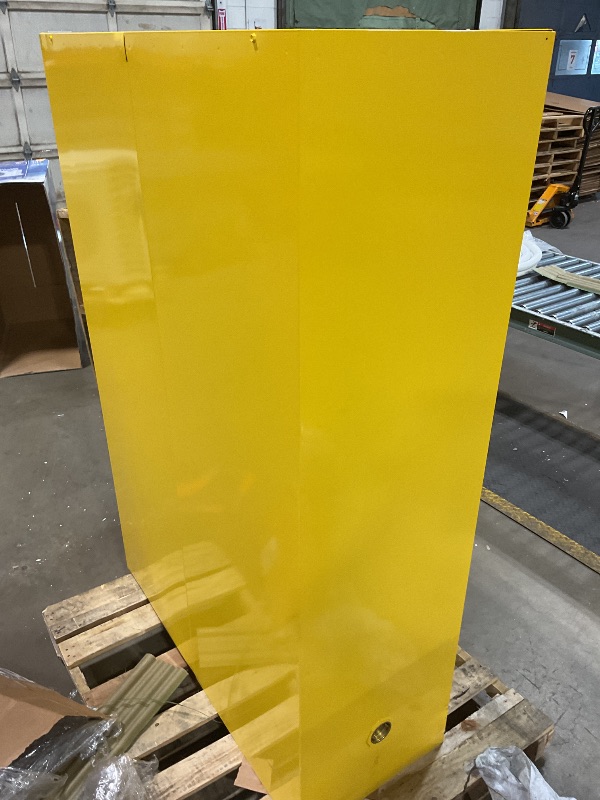 Photo 1 of **DENTS/SCRATCHES/SCRAPES FROM TRANSPORT**Justrite 45 Gallon Manual Close Flammable Storage Cabinet, 18 Gauge Steel, 2 Shelves, 2 Door Fire Cabinet, 65" x 43" x 18", Made in The USA, Yellow, 894500