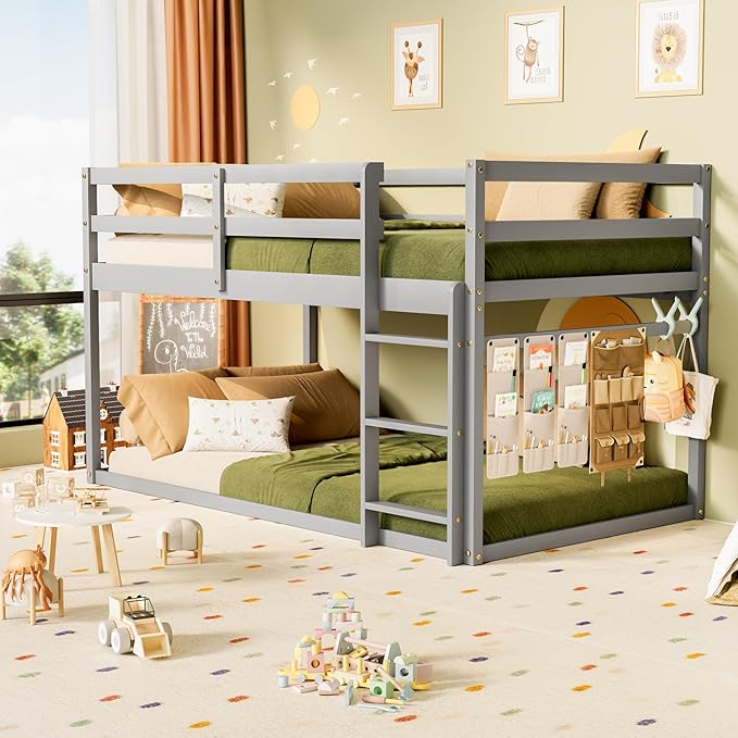 Photo 1 of *** PHOTO FOR REFERENCE ONLY/ANTIQUE OAK***Low Bunk Bed Twin Over Twin, Floor Bunk Bed with Ladder, Twin Bunk Bed with Full Guardrails, Wooden Bunk Bed for Juniors, Boys, Girls, Kids, Bedrooms