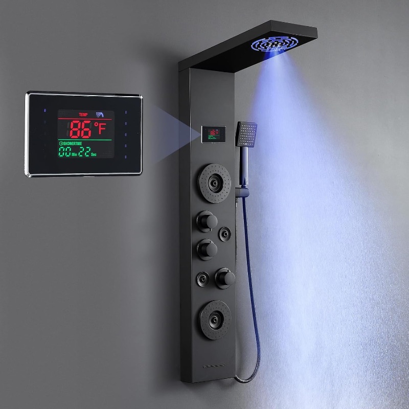 Photo 1 of ROVATE LED Shower Panel Tower System with Rainfall Mist Shower Head, Matte Black 6-in-1 Shower Tower with Jets and Handheld and Digital Temperature Display, High Pressure Shower Column with Tub Spout