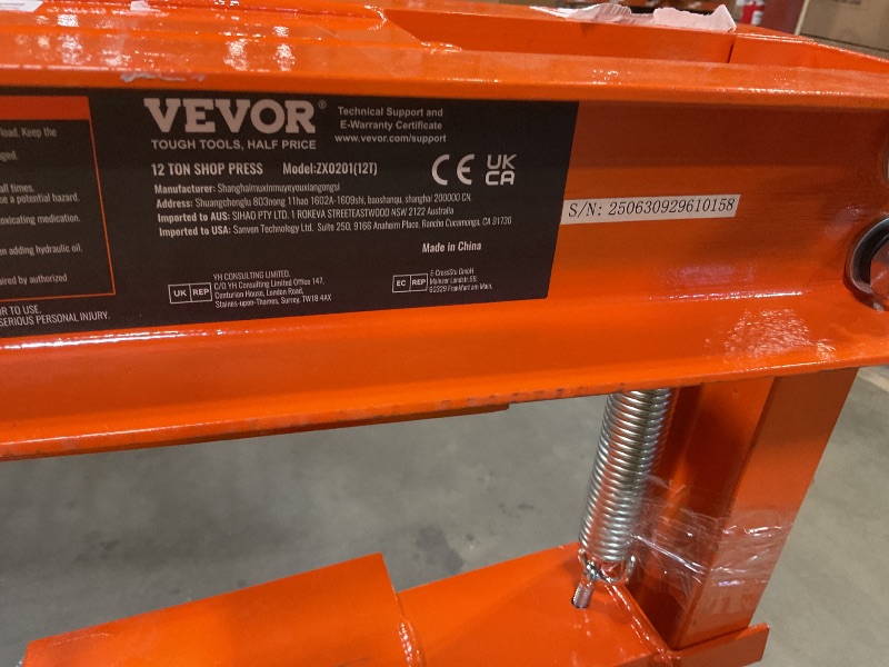 Photo 1 of **MINOR USE WEAR**VEVOR Hydraulic Shop Press, 12 Ton/26000lbs, H-Frame, 4-Hold Adjustable Height, with Movable Plates, for Garage or Professional Users, Orange
Visit the VEVOR Store