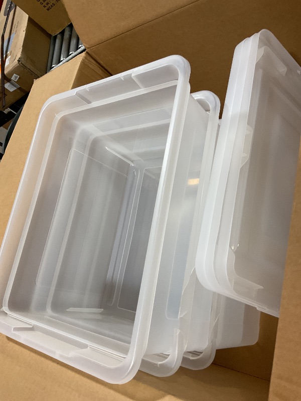 Photo 1 of ***FOR PARTS/ DAMAGED*** IRIS USA File Box, Plastic File Organizer with Lids for Letter/Legal File, Portable Document Box For Moving, Storage Bin with Durable and Secure Lid, Stackable Nestable BPA-Free, Clear 35 Qt. 4 Pack