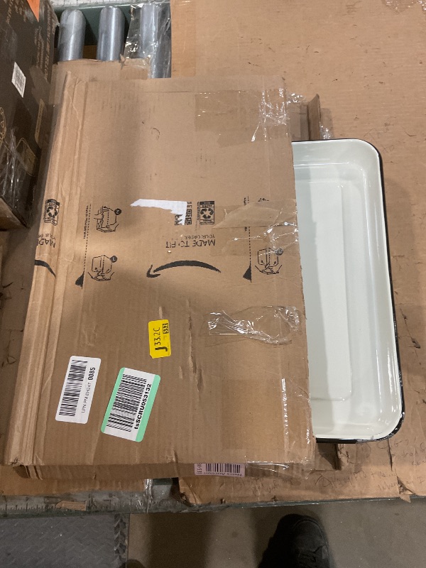 Photo 1 of **DAMAGED** 

TableCraft 80012 Enamelware Collection Serving Tray, Solid White with Black Rim, Porcelain over Steel, Oven-to-Table, Retro Style, Induction Ready, Indoor/Outdoor Use, 16" x 11.5" x 1.5"