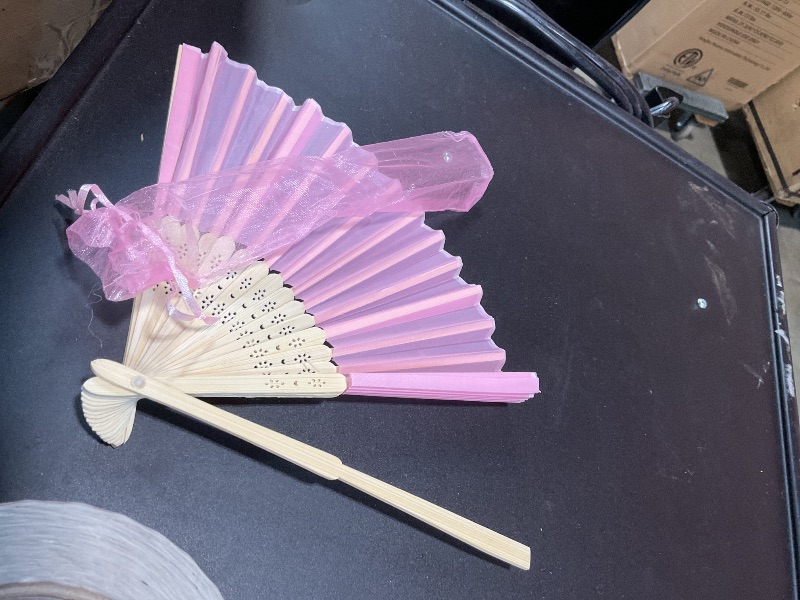 Photo 1 of * SINGLE FAN WAS REMOVED FROM BUNDLE UPON RECEIVING, PICTURED IS SUCH AND VISIBLY BROKEN, OTHERS SEEM UNTOUCHED, ITEM VERY FRAGILE * Sepwedd 50pcs pink Imitated Silk Fabric Bamboo Folded Hand Fan Bridal Dancing Props Church Wedding party favors with Organ