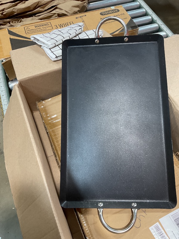 Photo 1 of * TONGS NOT INCLUDED * LetFeng 26” Double Burner Griddle Nonstick Double Burner Stainless Steels Stove Top Flat Griddle Coated Cool Touch Handle Oven Safe & Compatible With All Stovetops Black And Silver