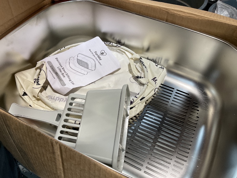 Photo 1 of **UNKNOWN MISSING PIECES**** Stainless Steel Sifting Litter Box with Lid, Metal Litter Pan with Scoop for Big Cats Multi Cat, Extra Large Cats Litterbox Odor Control Easy Clean (22.8 * 16.1 * 6.5inch-Without Enclosure, X-Large)