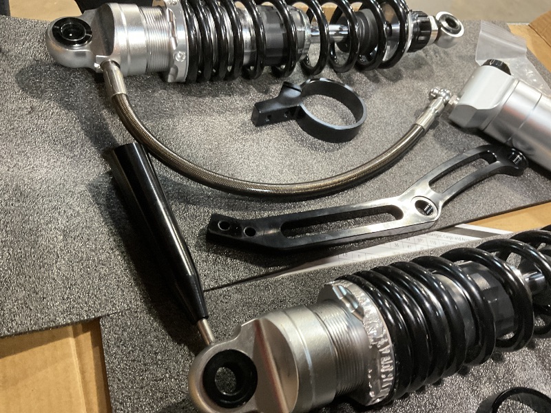 Photo 1 of * SELLING FOR PARTS, PLEASE SEE LAST PHOTO FOR DAMAGE. ONLY ONE THREAD IS DAMAGED  * Mofun Remote Reservoir Rear Suspension Shocks with Silver Reservoir Compatible with Harley Touring Road King Electra Road Street Glide 2014-2025