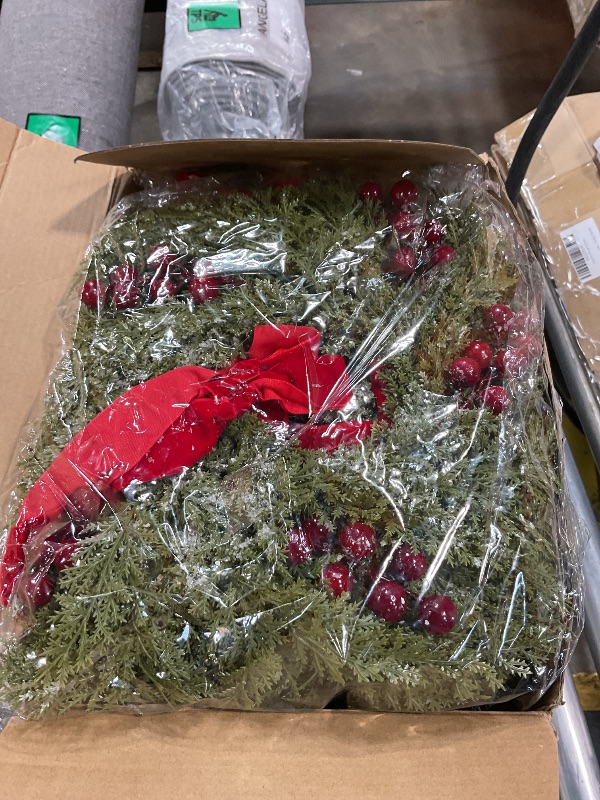 Photo 1 of 18 Pcs Small Christmas Norfolk Wreaths 15 Inch Christmas Kitchen Cabinet Mini Wreath Real Touch with Bow Ribbon Cedar Red Berry for Xmas Front Door Window Chair Fireplace Table Pillar Farmhouse Decor