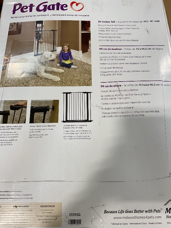 Photo 1 of ***FOR PARTS ONLY DAMAGED*** MidWest Homes for Pets 39-Inch High Walk-Thru Pressure Mounted Steel Dog Gate, Expands to 38 Inches Wide, Includes 3-inch Extensions, Textured Graphite